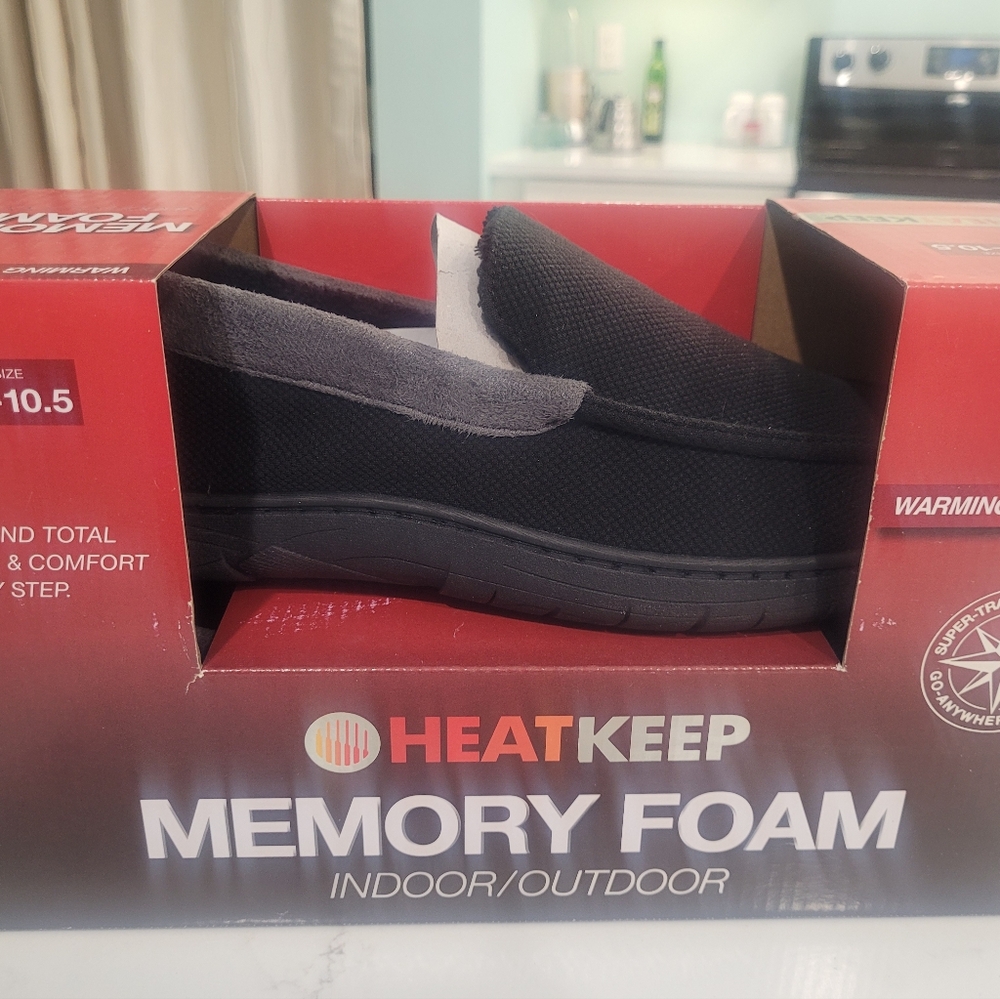 Heat Keep Black Memory Foam Men's Slippers L
